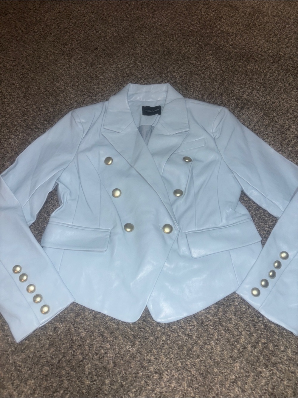 Dolce Cabo baby blue Double-Breasted Leather Blazer with silver Buttons